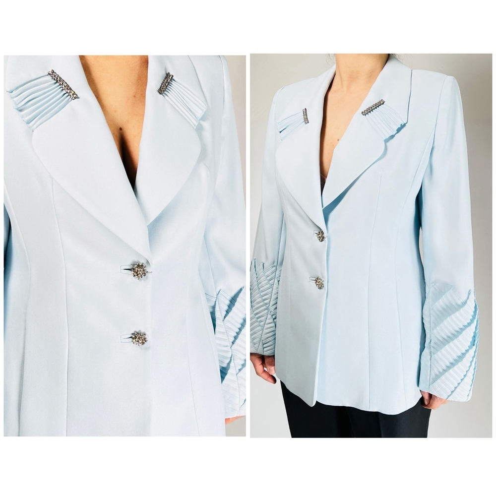 WHY New York Womans Blazer Embellished Pleated Size 8 Light Blue RN110772